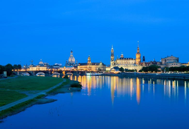 Dresden: Inner old town at early dusk as seen from the Marienbruecke