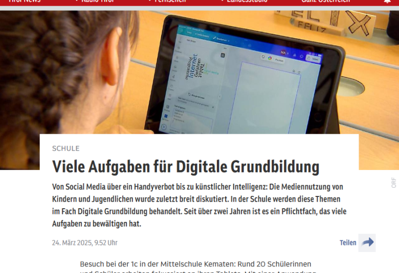 Berichterstattung im ORF Tirol über das Schulfach "Digitale Grundbildung"