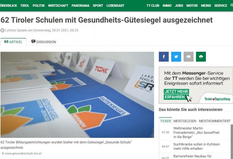 Die Tiroler Tageszeitung berichtet über das Gütesiegel Gesunde Schule