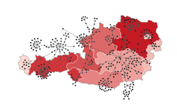 "Das Bild zeigt eine Skizze von Österreich auf der mit Linien und Punkten auf die Forschungsstandorte der Pädagogischen Hochschulen hingewiesen wird."